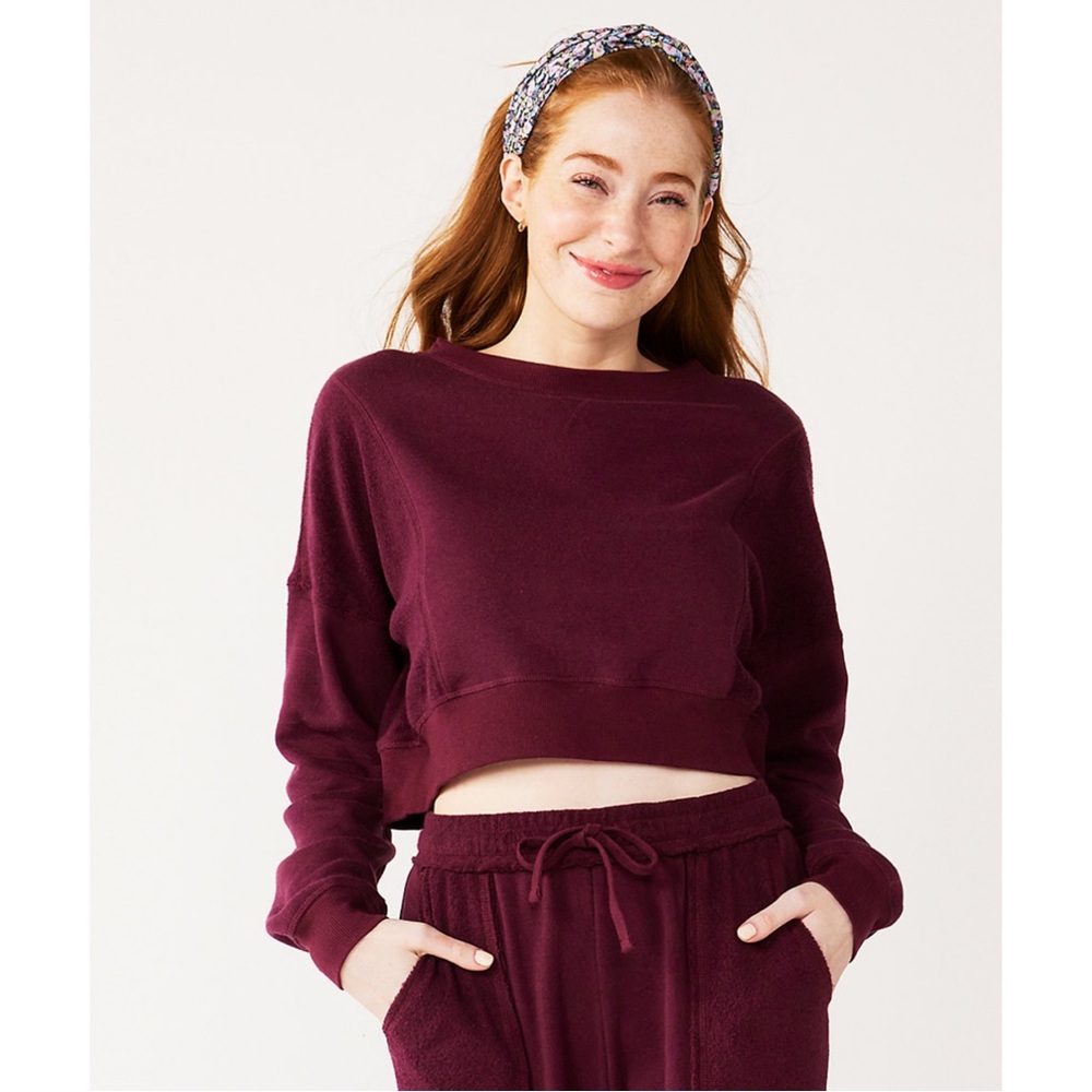 NWT SO Cropped Reverse Terry Crew Top Burgundy Juniors Size L